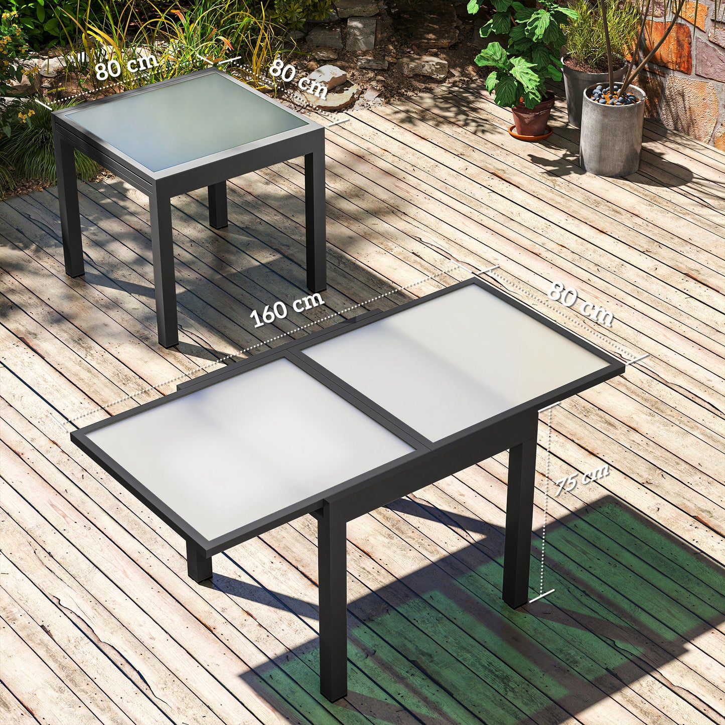 Extending Garden Table, Outdoor Dining Table with Aluminium Frame and Tempered Glass Tabletop, 80/160 x 80 x 75 cm