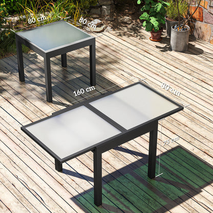 Extending Garden Table, Outdoor Dining Table with Aluminium Frame and Tempered Glass Tabletop, 80/160 x 80 x 75 cm