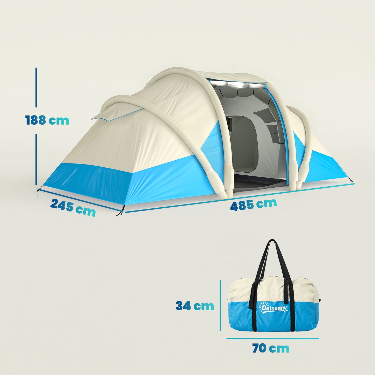 Inflatable Tent 2 Bedroom Tunnel Design Windproof Air Tent with Carry Bag for 4 Person
