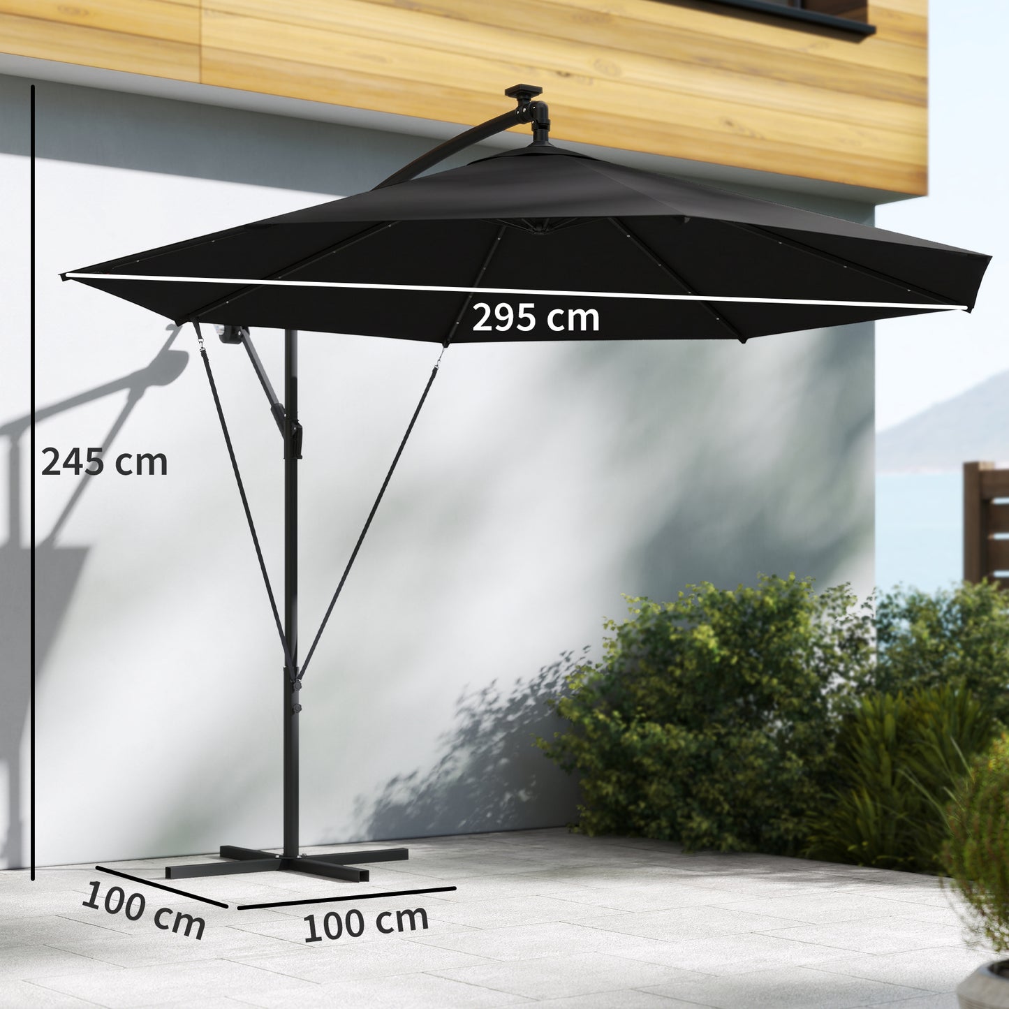 3 m Cantilever Parasol with Solar LED Lights Garden Umbrella with Cross Base, Black