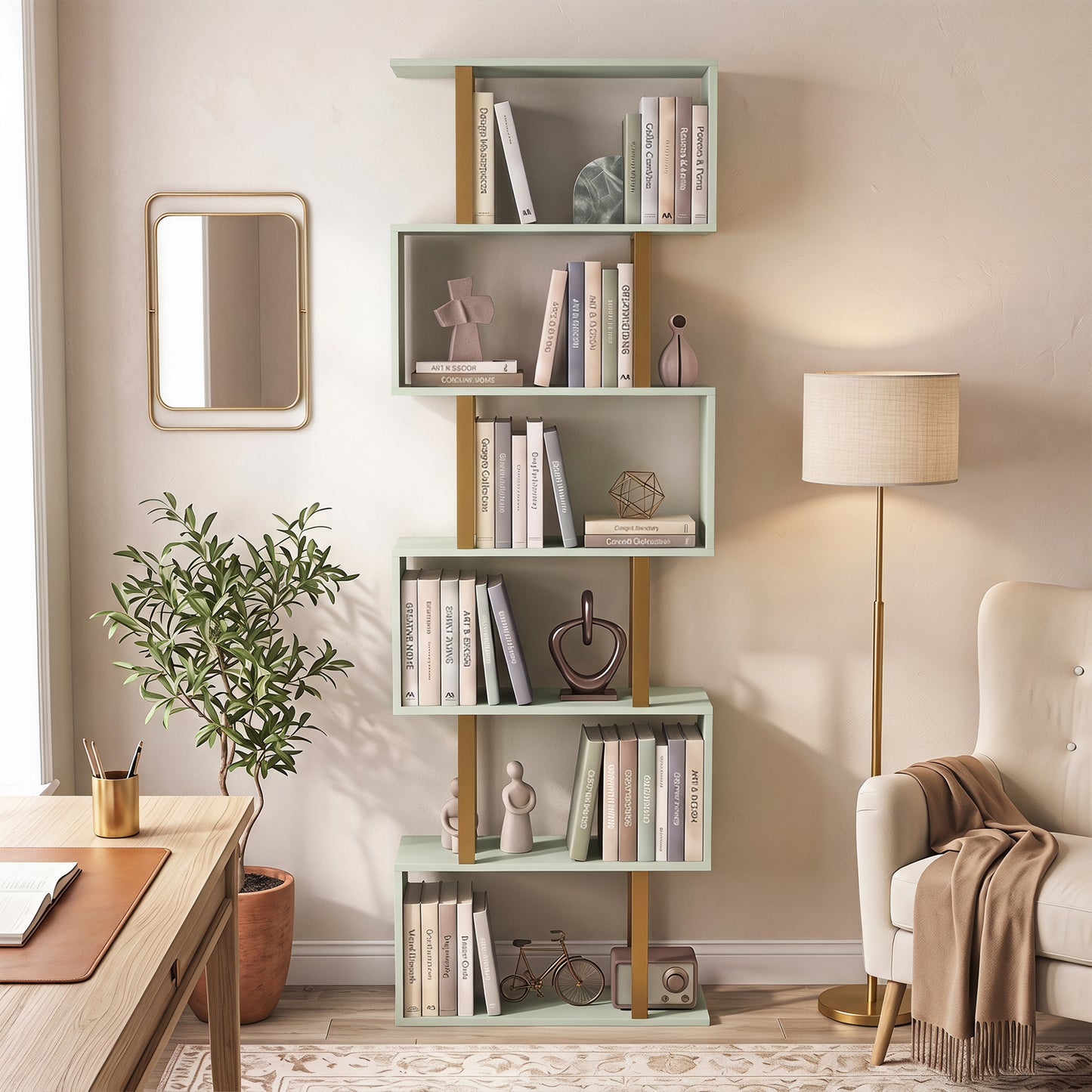 S-Shaped Bookshelf, 6-Tier Bookcase, Freestanding Storage Shelves with Anti-Tip Strap for Living Room, Light Green