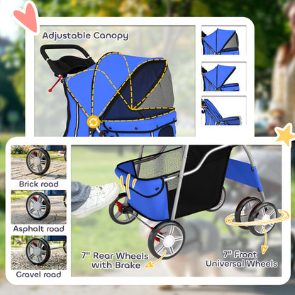 Dog Pram, Pet Stroller with Reflective Strips, Foldable Cat Stroller with 360° Swivel Wheels, Blue