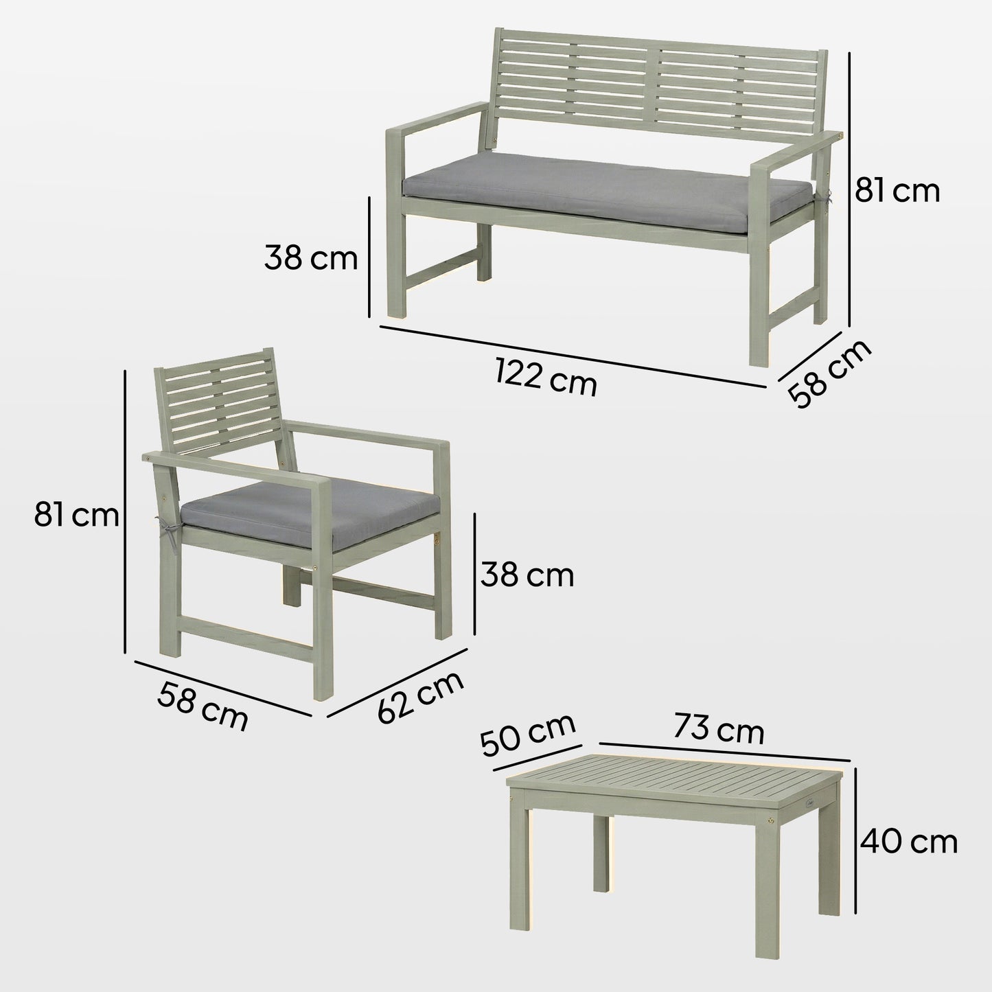 4 Seater Wooden Garden Furniture Set with Loveseat, Armchairs, Table, Acacia Wood Garden Sofa Set, Light Grey
