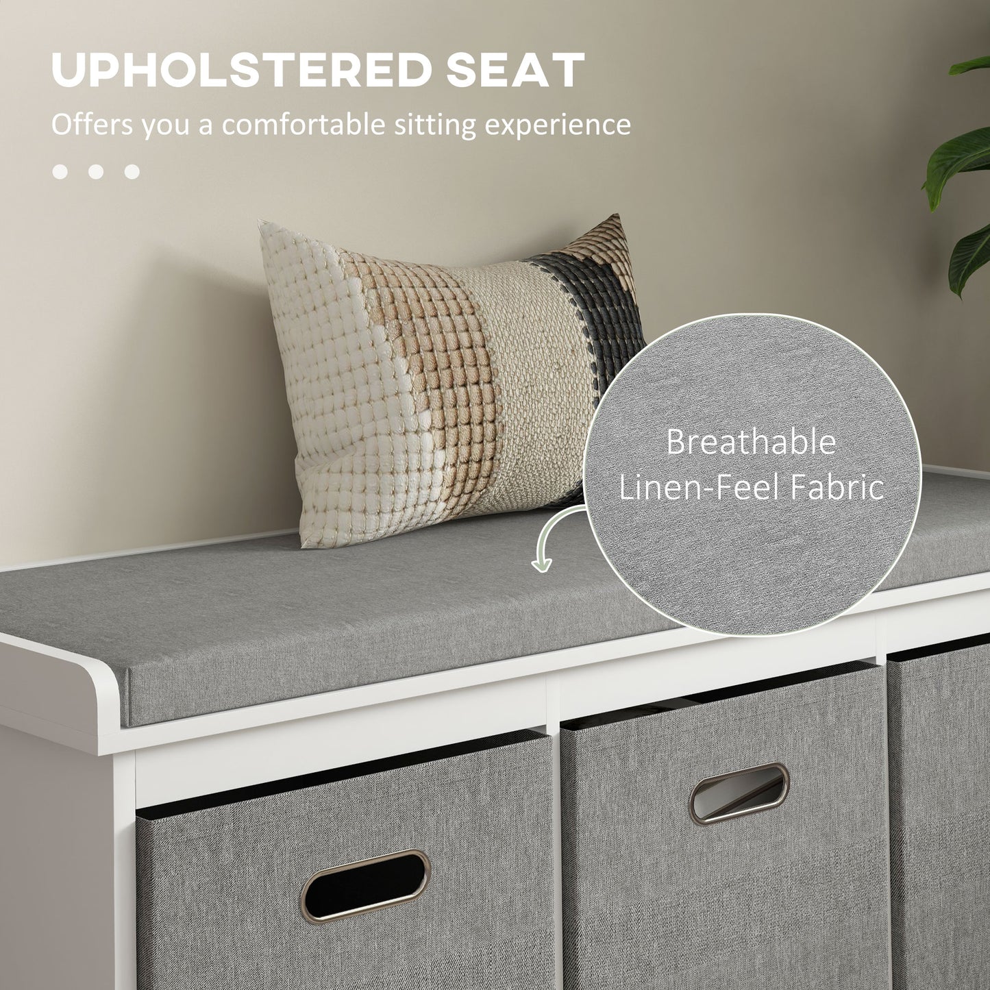 Three-Drawer Shoe Storage Bench, with Padded Top Seat - White