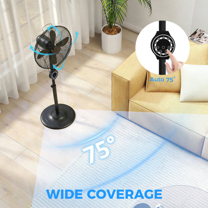 41 cm Metal Pedestal Fan with Oscillating, Adjustable Height Black