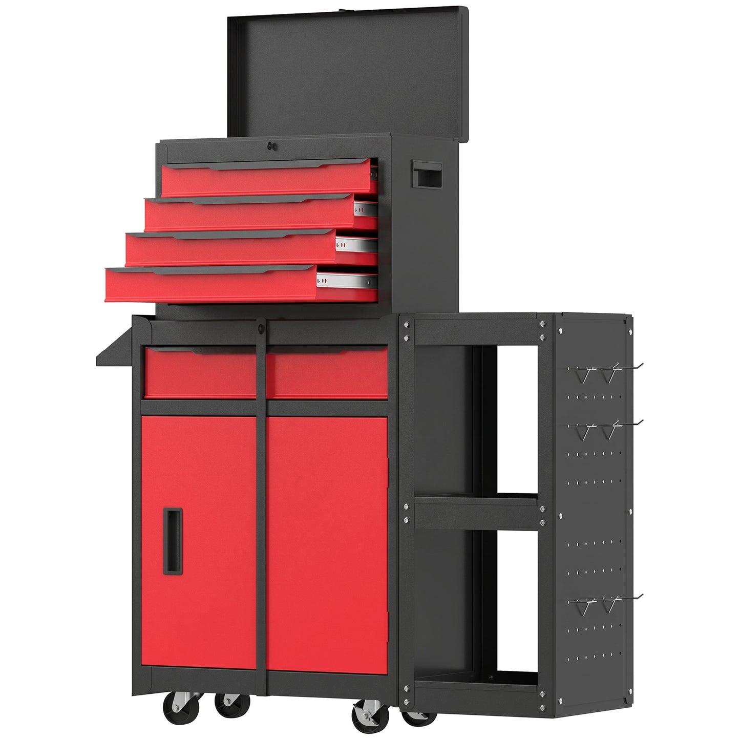 Tool Chest, Mobile Modular Tool Box with 5 Drawers, Side Rack, Pegboard, Lock, Tool Cabinet for Garage Workshop, Red