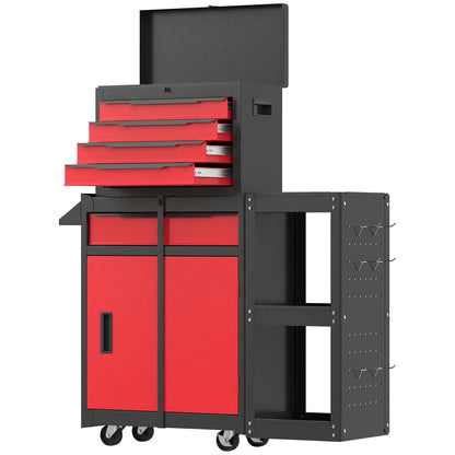 Tool Chest, Mobile Modular Tool Box with 5 Drawers, Side Rack, Pegboard, Lock, Tool Cabinet for Garage Workshop, Red