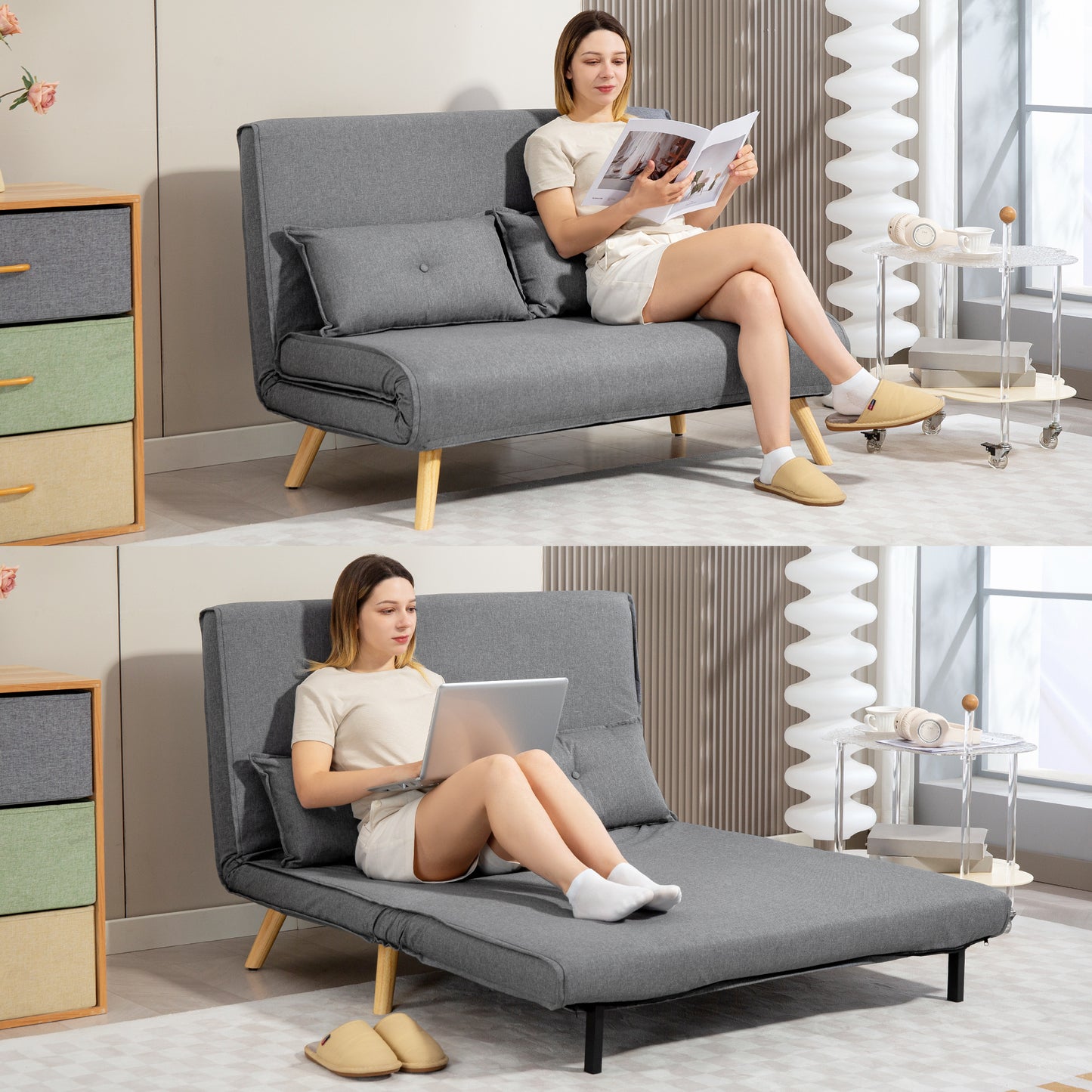 Two-Seater Linen-Look Sofa Bed - Grey
