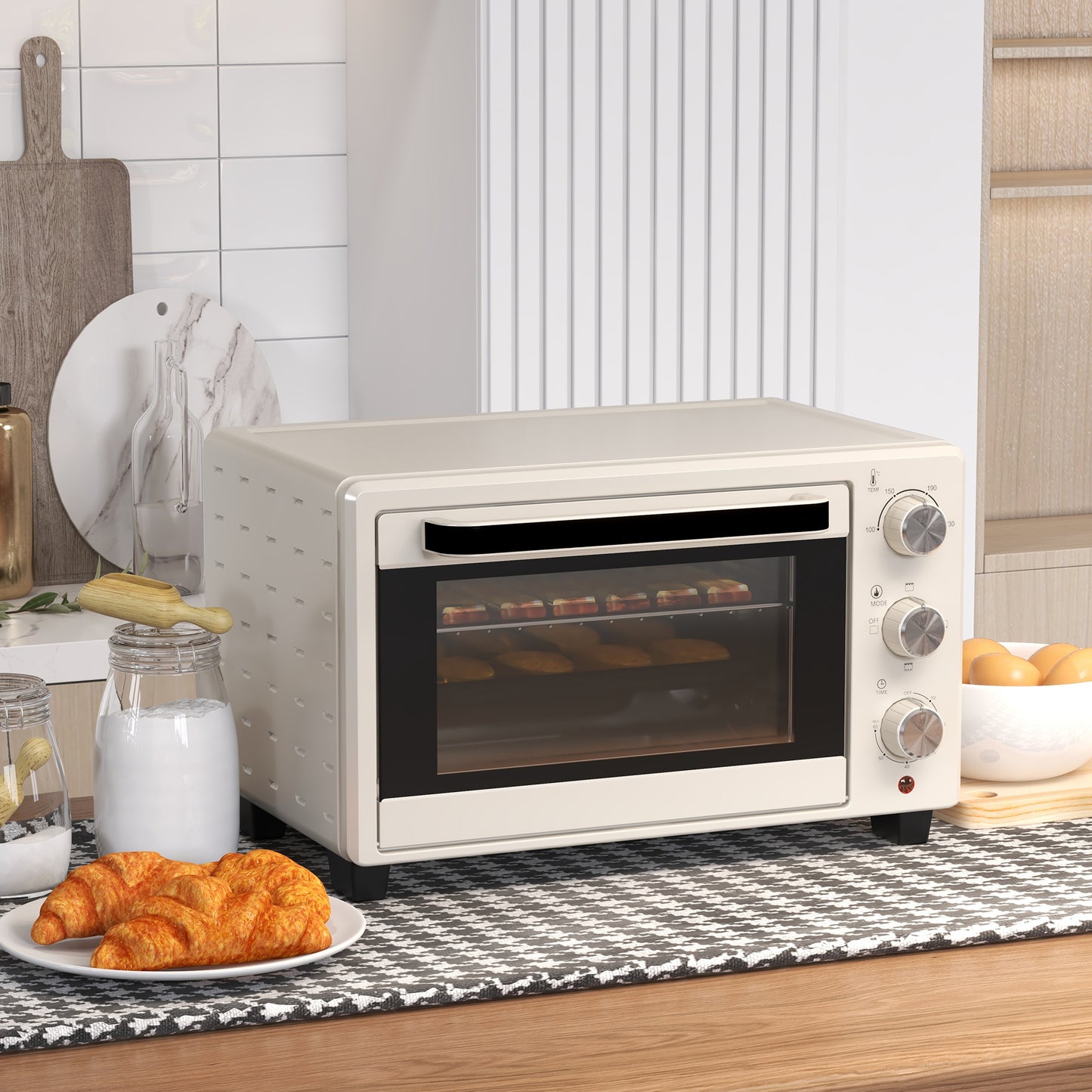 21L Mini Countertop Oven, 100°C-230°C Adjustable Temp - Cream White