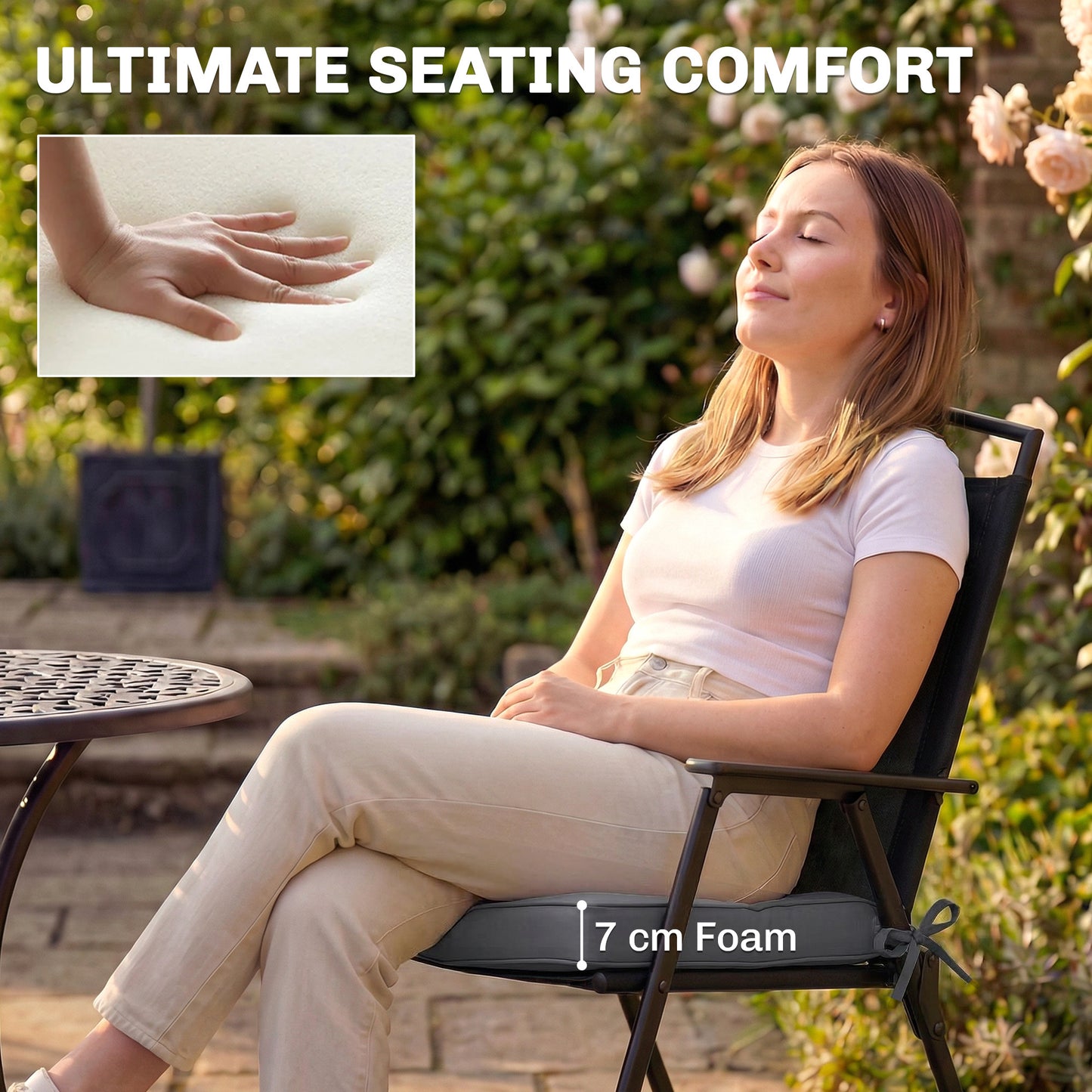 Outdoor Chair Seat Cushions Set of 2, Garden Chair Cushions with 7cm Thick Foam & Ties, Dark Grey