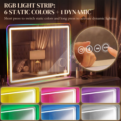 Vanity Mirror with Lights, Dimmable Makeup Mirror with Adjustable Colour Temperature, RGB Light, Bluetooth Speaker White