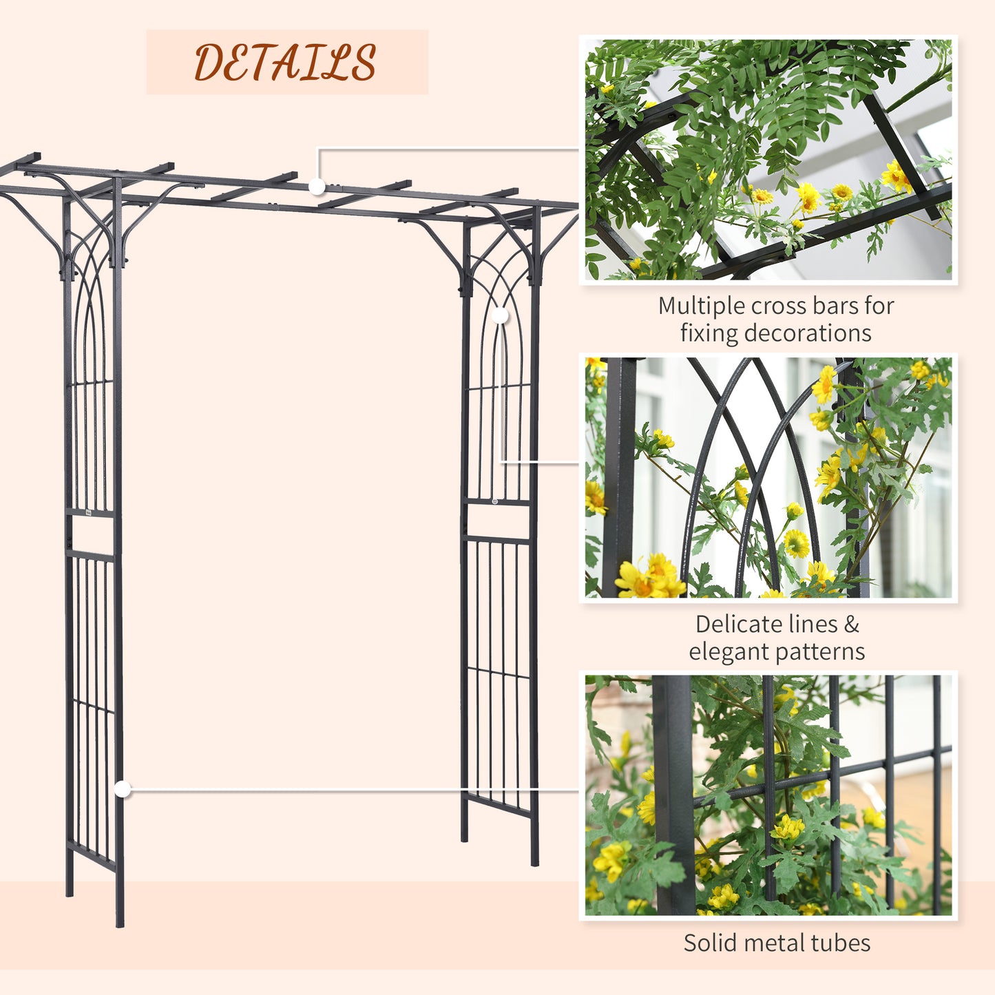 210cm Decorative Metal Garden Trellis Arch with Durable Steel Tubing & Elegant Scrollwork, Great for Weddings, Dark Gre