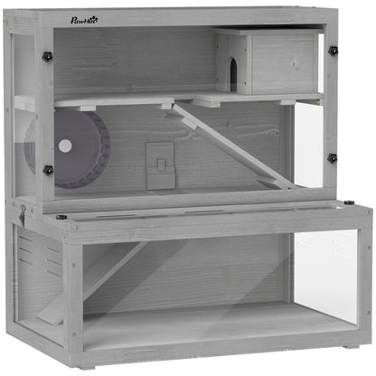 Wooden Hamster Cage with Hut, Wheel, Ramps, Removable Viewing Panels, 80 x 50 x 84 cm, Grey