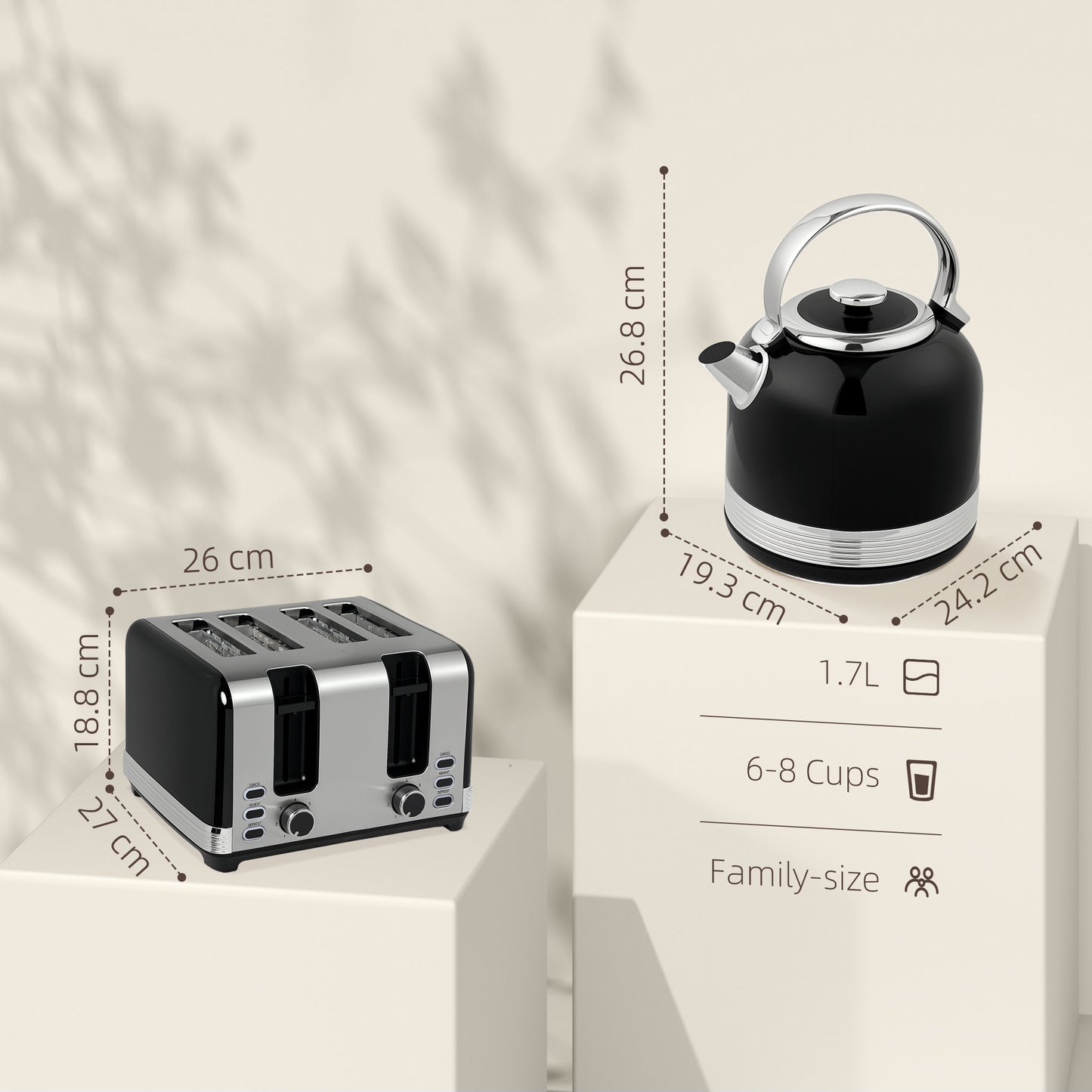 Polished Stainless Steel Kettle and Toaster Set - Black