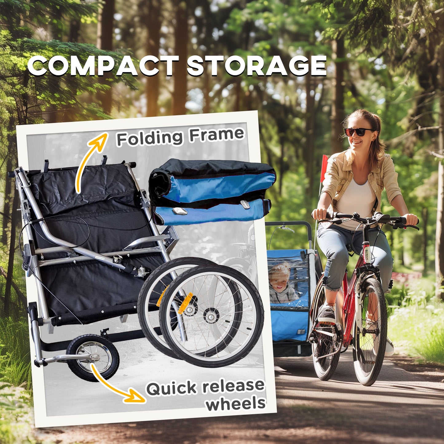 2 Seat Bike Trailer with 5 Point Harness, Baby Bike Stroller with Safety Flag, Reflectors, for 18+ Months, Blue