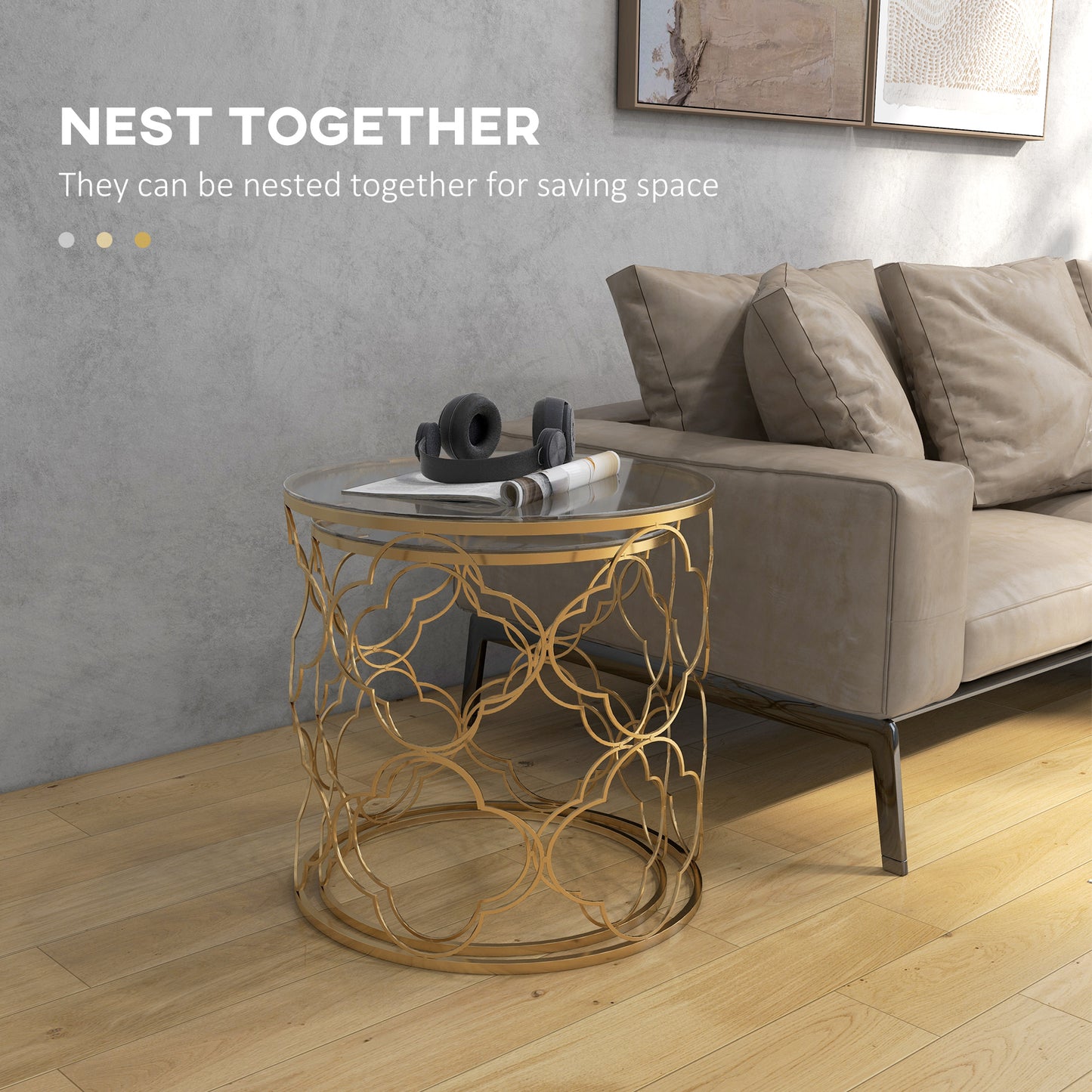 Nesting Tables Set of 2, Modern Stacking Side End Table with Tempered Glass Top, Metal Frame for Living Room Bedroom Office