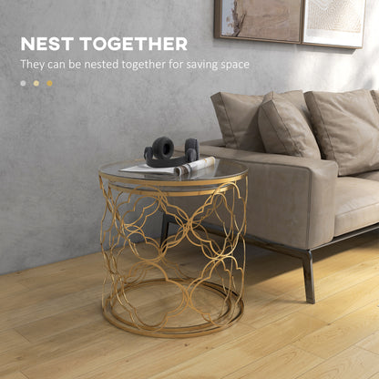 Nesting Tables Set of 2, Modern Stacking Side End Table with Tempered Glass Top, Metal Frame for Living Room Bedroom Office