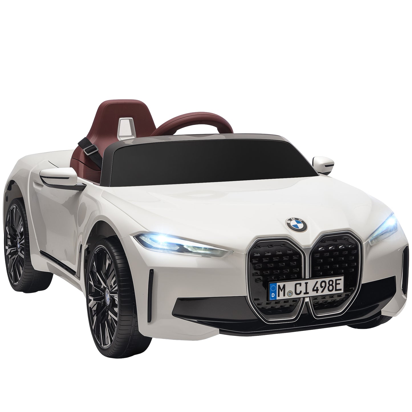 BMW i4 Licensed 12V Kids Electric Ride-On Car, White, Red and Light Blue