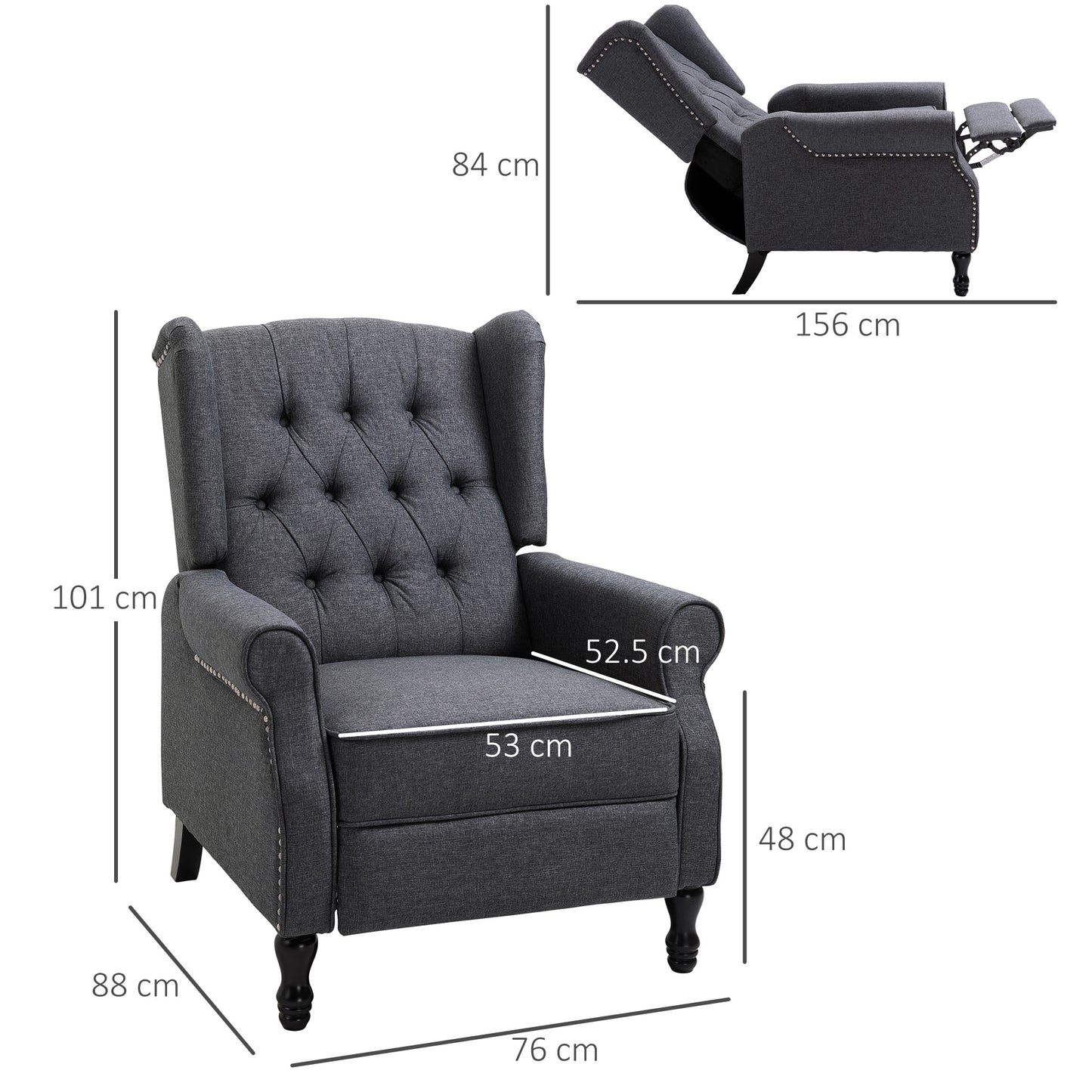 Recliner Armchair, Vintage Reclining Chair with Nail Head Trim, Wingback Chair with Button Tufted Back and Footrest