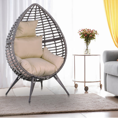 Garden Egg Chair, Teardrop Outdoor PE Rattan Chair with Full-body Soft Padded Cushion, Grey