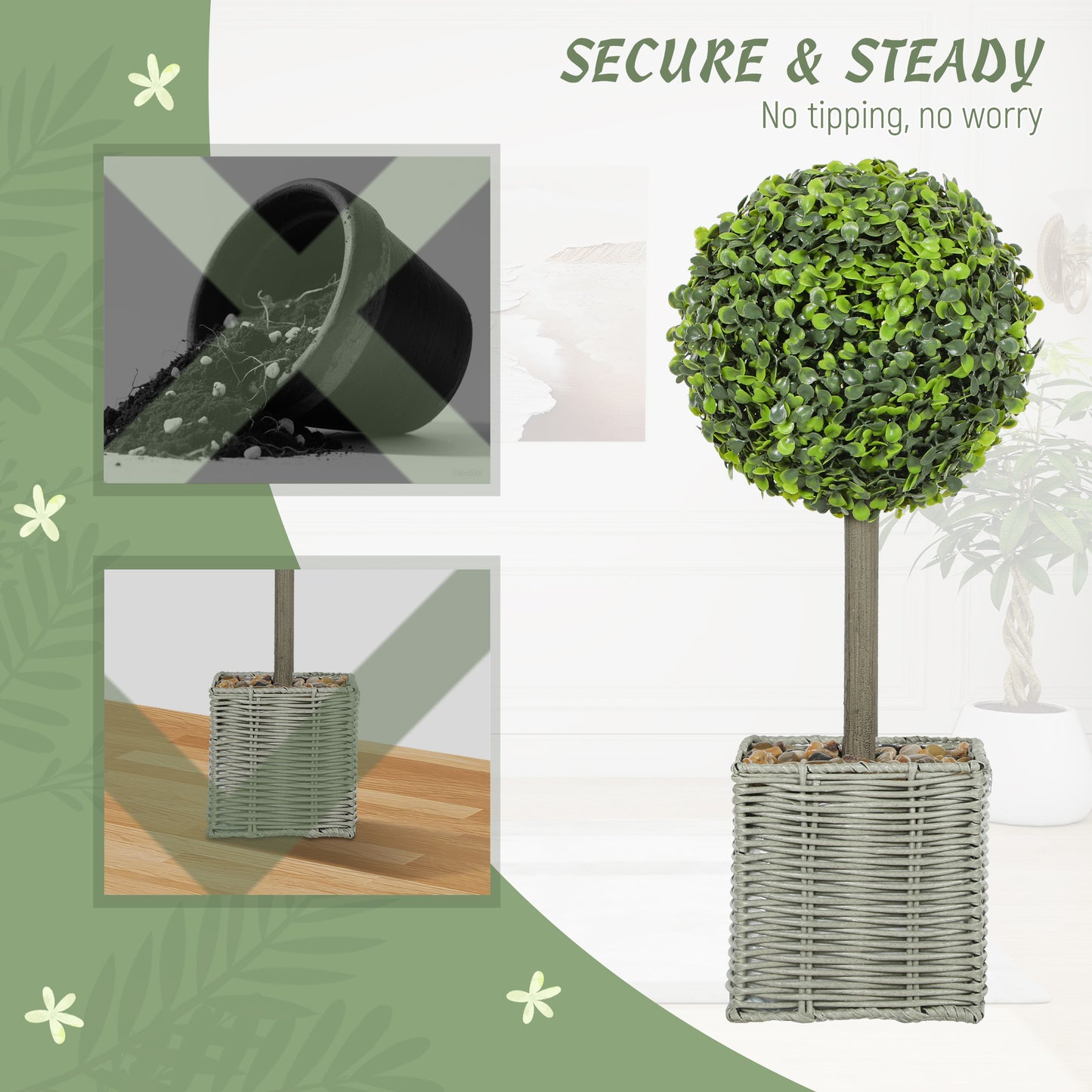 Set of 2 Decorative Artificial Plants, 50cm Faux Boxwood Topiary Balls with Woven Plastic Pot and Pebbles