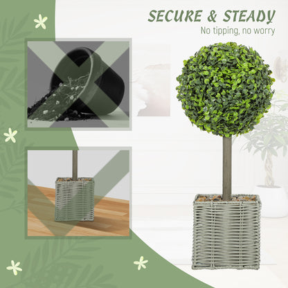 Set of 2 Decorative Artificial Plants, 50cm Faux Boxwood Topiary Balls with Woven Plastic Pot and Pebbles