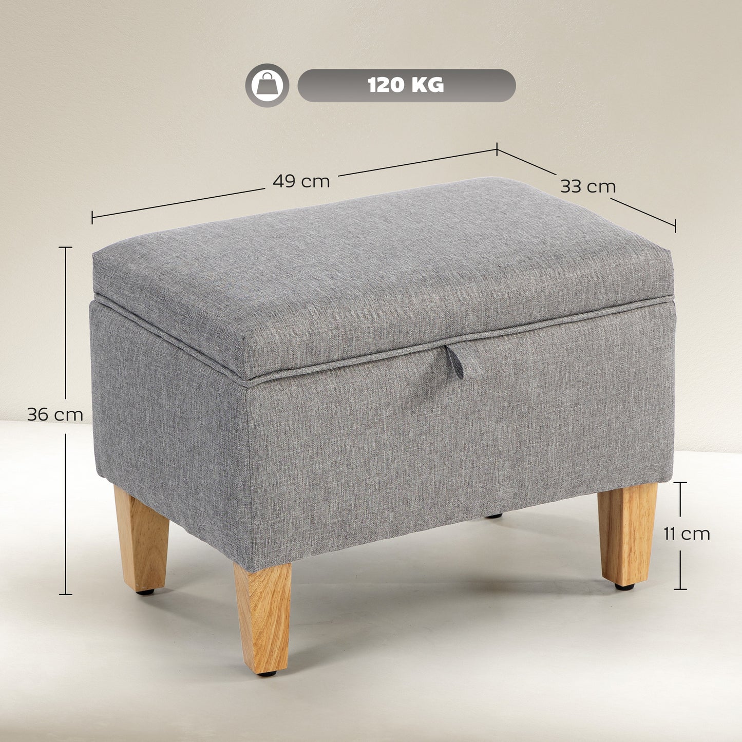 16L Linen Storage Ottoman Padded Footstool with Rubberwood Legs for Storage Box, Bed End, Shoe Bench, Seating, Light Grey