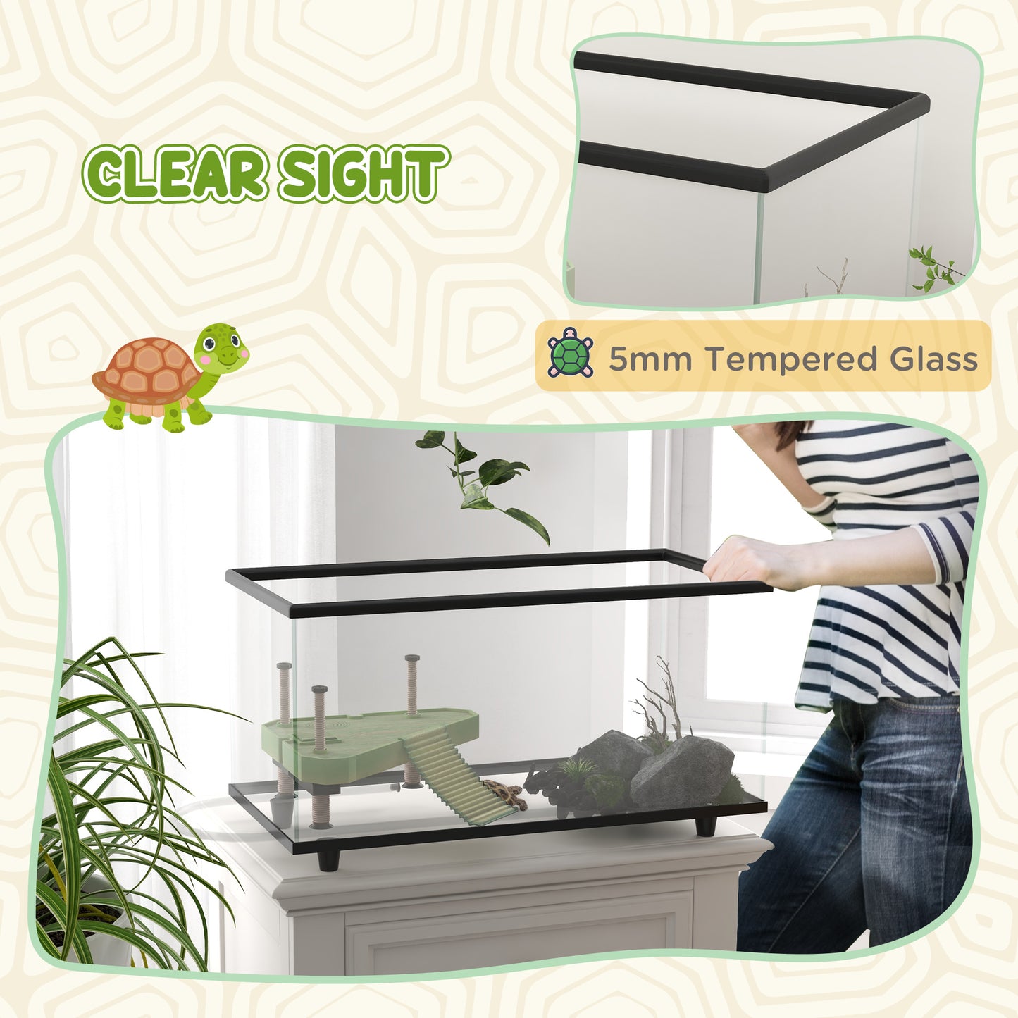 50L Glass Turtle Tank Aquarium with Basking Platform, Easy Drainage