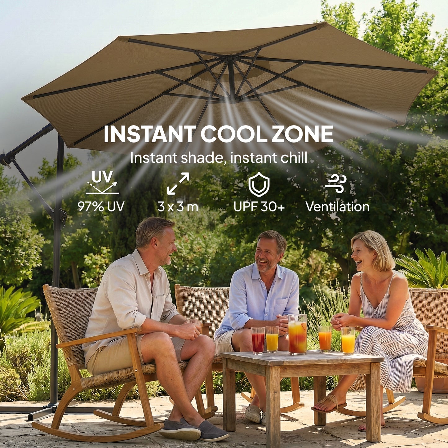 3 m Garden Cantilever Parasol with Cover, Round Overhanging Umbrella with 360° Rotation, Tilt, Khaki