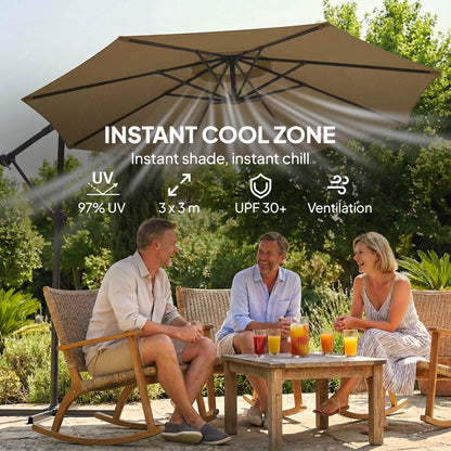 3 m Garden Cantilever Parasol with Cover, Round Overhanging Umbrella with 360° Rotation, Tilt, Khaki