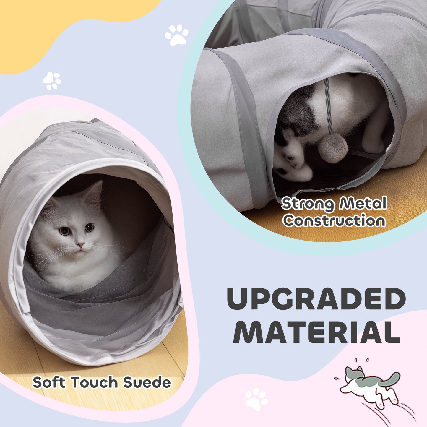 2 in 1 Cat Tunnel with Bed, Cat Play Tunnel with Ball & Peek Hole for Indoor Cats, Grey