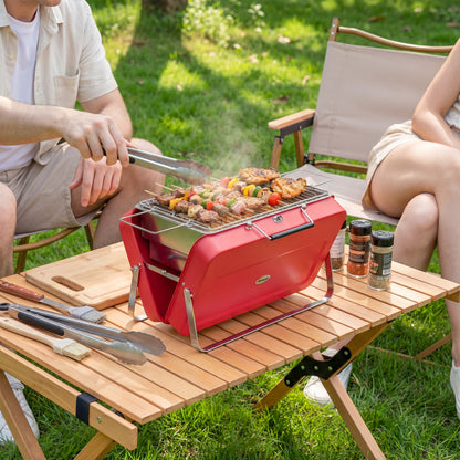 Portable Mini Charcoal Barbecue Grill with Suitcase Shell, Outdoor Folding Tabletop BBQ Grill, Red