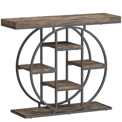 Industrial Console Table with Storage Shelves - Rustic Brown