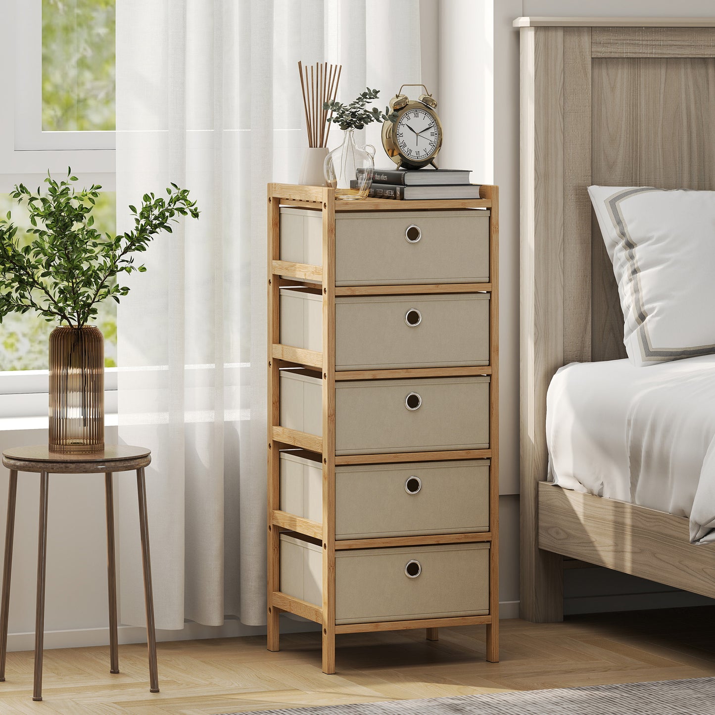 Chest of Drawers, 5 Fabric Drawers Narrow Dresser with Bamboo Frame, Cream White