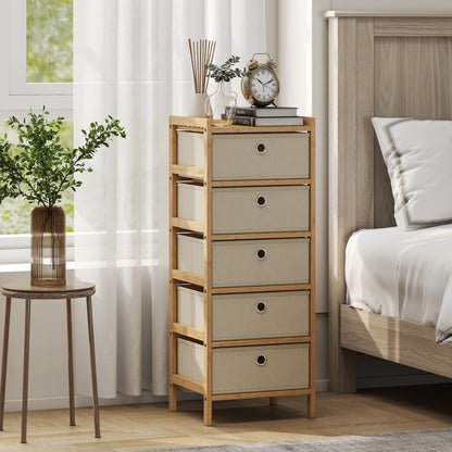 Chest of Drawers, 5 Fabric Drawers Narrow Dresser with Bamboo Frame, Cream White