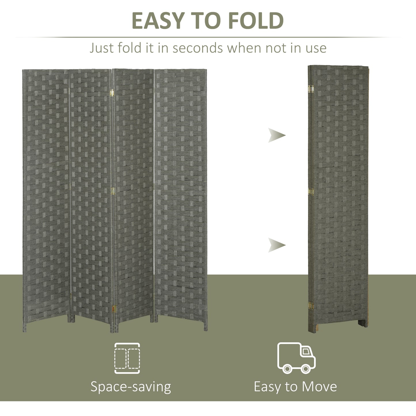 Wave Fibre Freestanding Folding Privacy Screen Panels, Room Divider, Grey