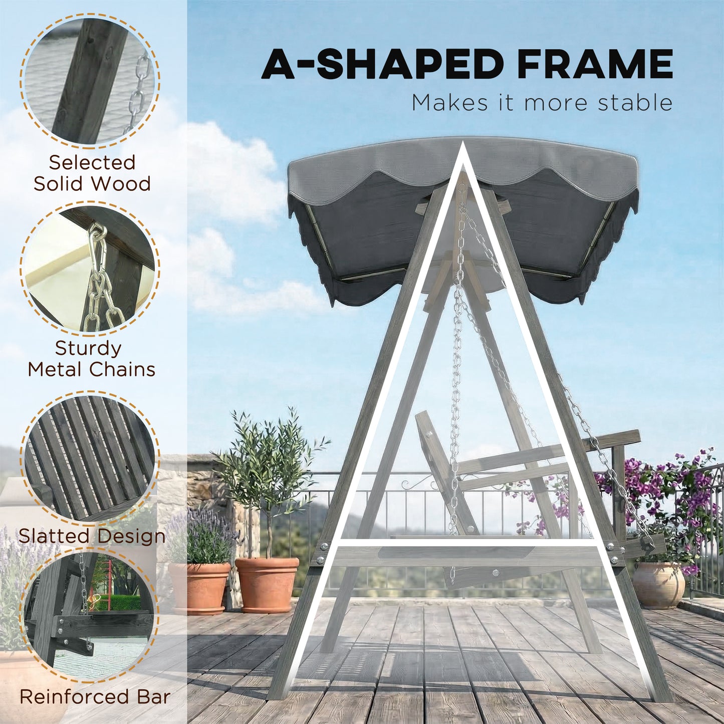 3 Seater Garden Swing Seat with Canopy, Wooden Swing Chair, Outdoor Hammock Bench for Balcony Patio Porch, Grey
