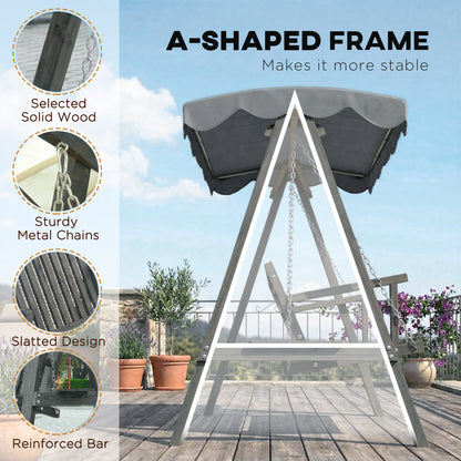 3 Seater Garden Swing Seat with Canopy, Wooden Swing Chair, Outdoor Hammock Bench for Balcony Patio Porch, Grey