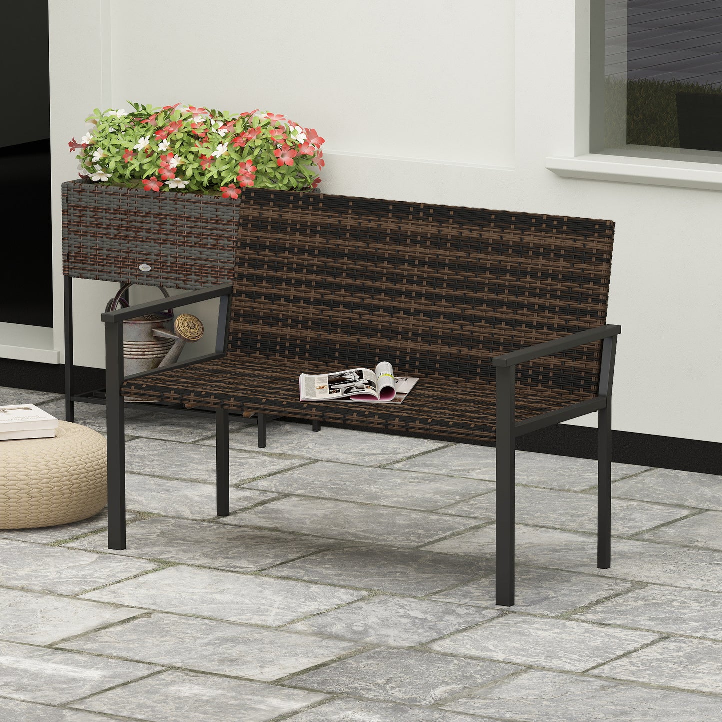 2 Seater Rattan Garden Bench, Outdoor Bench with Quick-Drying Cotton Padding, Wicker Garden Loveseat with Armrests
