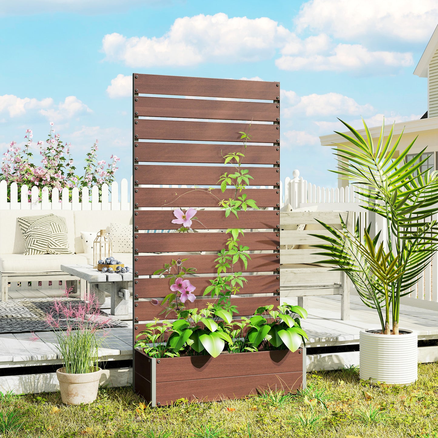 Raised Bed for Garden, Planter with Trellis for Climbing Plants, Vines, Planter Box with Drainage Gap, Light Brown