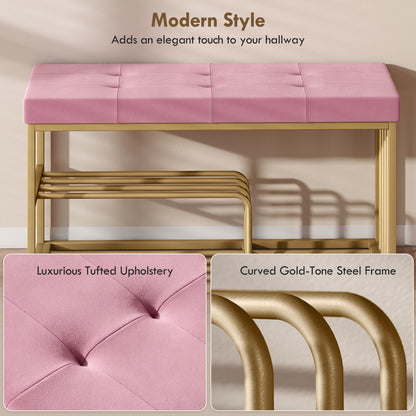 Bench and Shoe Storage, Tufted Shoe Storage Bench with Velvet Seat Cushion Gold Steel Frame for Entryway, Pink