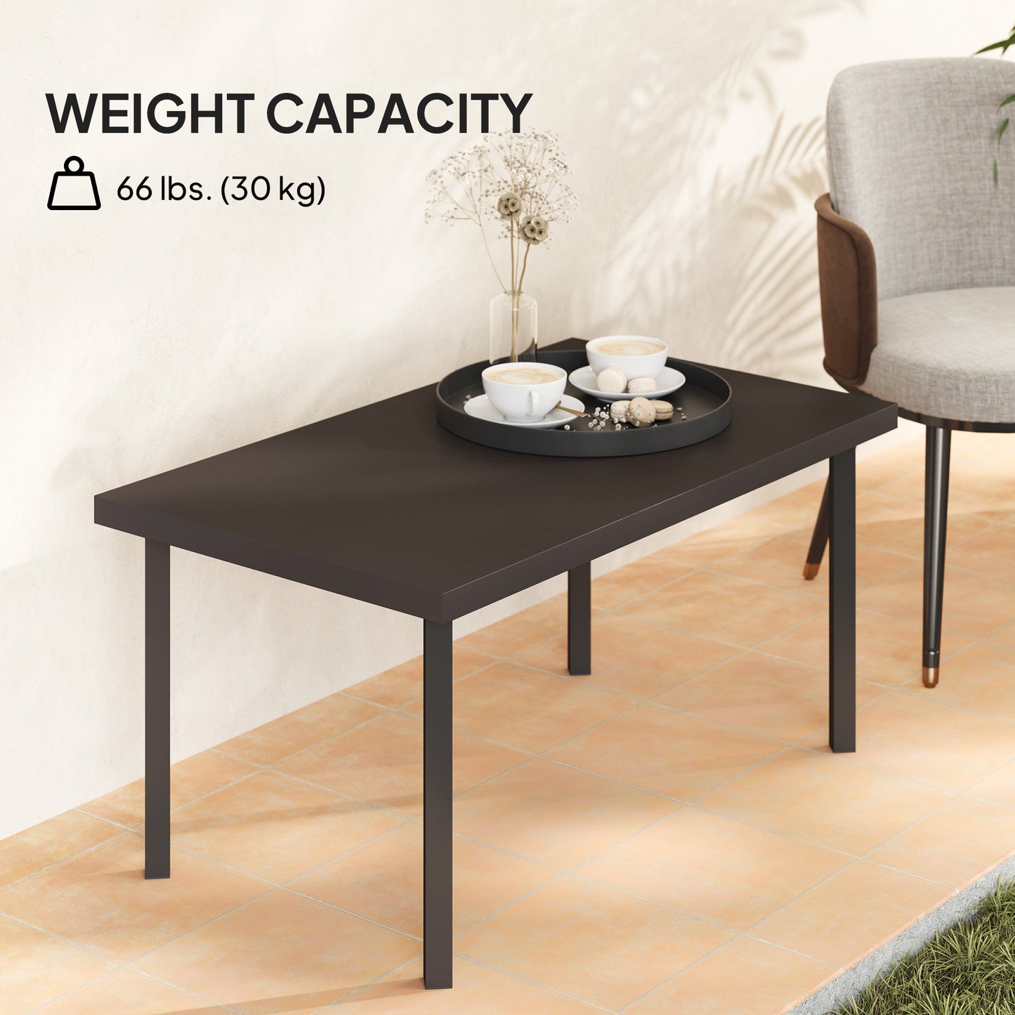 Metal Garden Coffee Table, Rectangular Outdoor Side Table with Woodgrain Tabletop, Foot Pads for Outside, Garden, Balcony