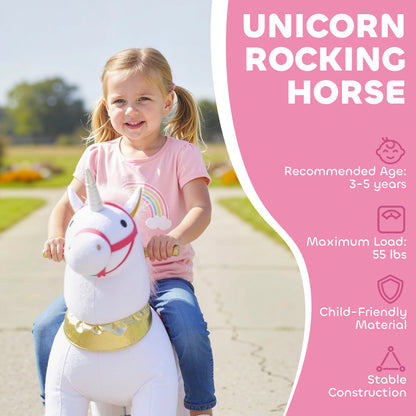Kids Rocking Horse, Plush Walking Horse with Wheels, Ride On Unicorn Toy for Ages 3-5 Years Old, White
