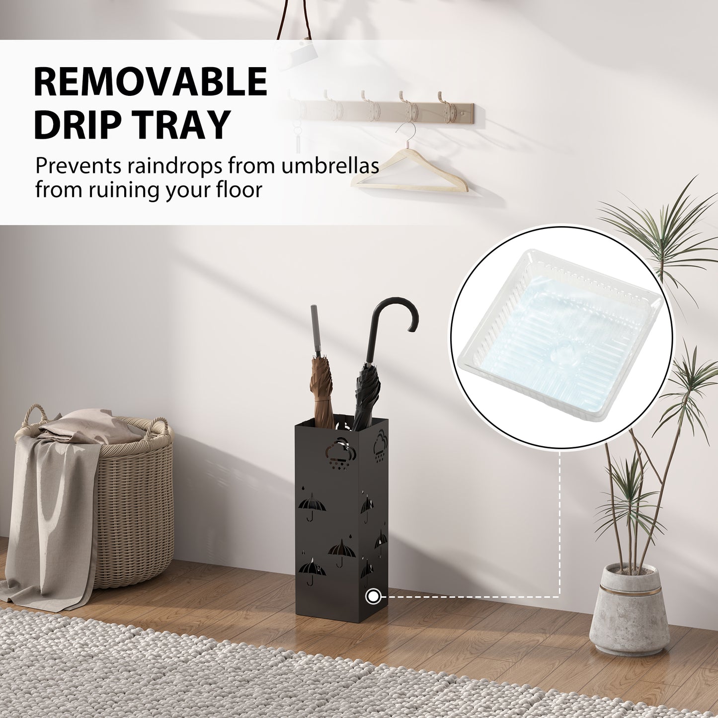 Metal Umbrella Stand, Square Umbrella Holder with Removable Drip Tray and 4 Hooks