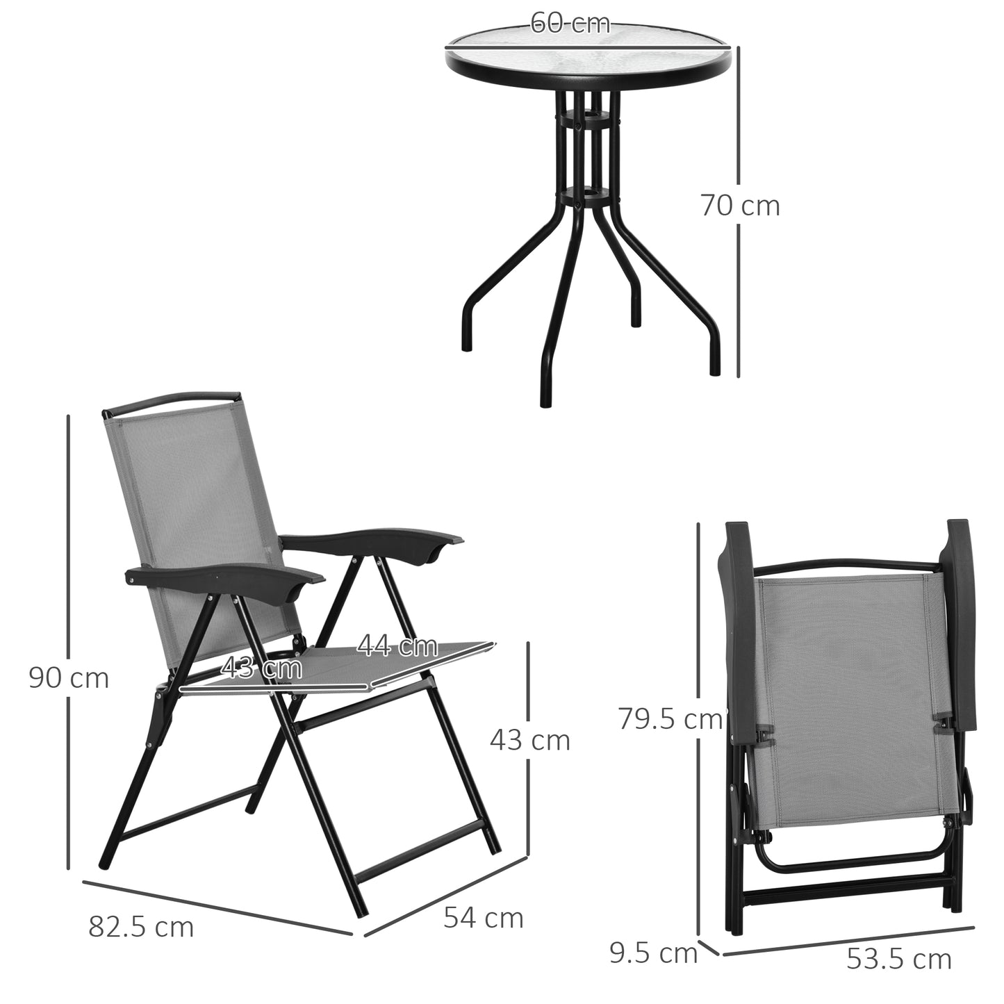 3 Piece Outdoor Bistro Set, Patio Conversation Furniture Set with 2 Folding Backrest Adjustable Armchairs and Glass Top Coffe