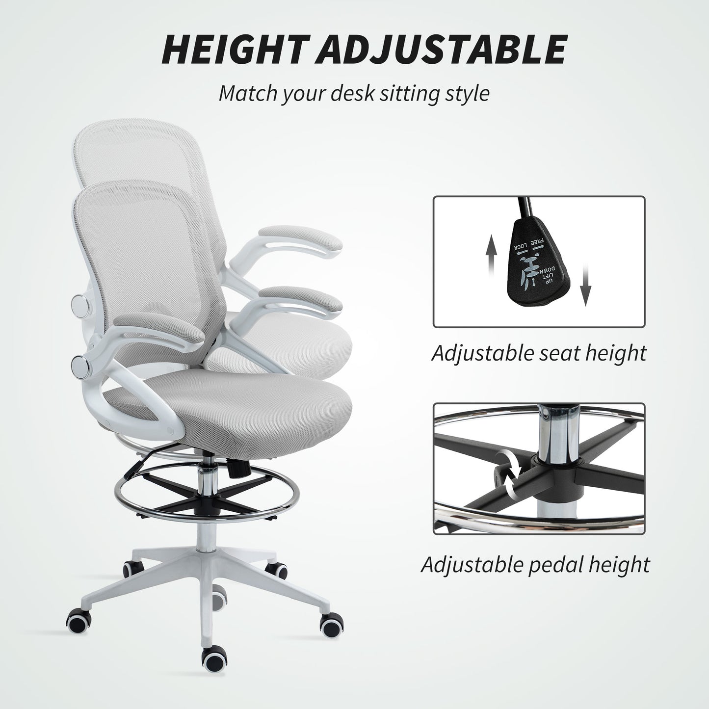 Drafting Chair with Flip-up Armrest, Mesh Office Stool with Foot Ring