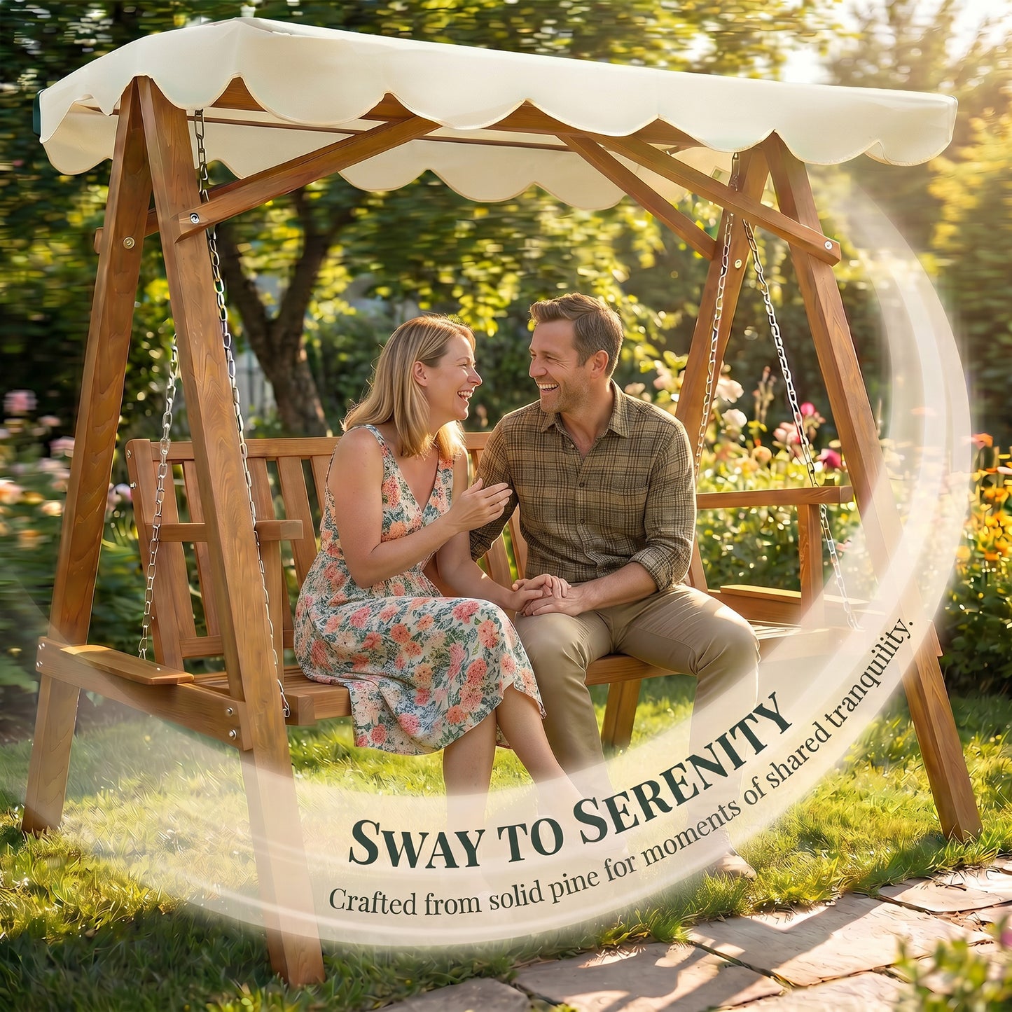 2 Seater Garden Swing Seat with Canopy, Wooden Swing Chair, Outdoor Hammock Bench for Balcony Patio Porch, Cream White