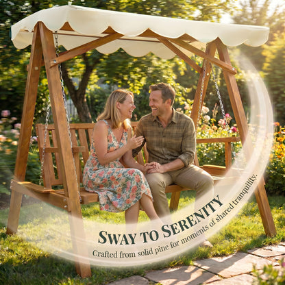 2 Seater Garden Swing Seat with Canopy, Wooden Swing Chair, Outdoor Hammock Bench for Balcony Patio Porch, Cream White