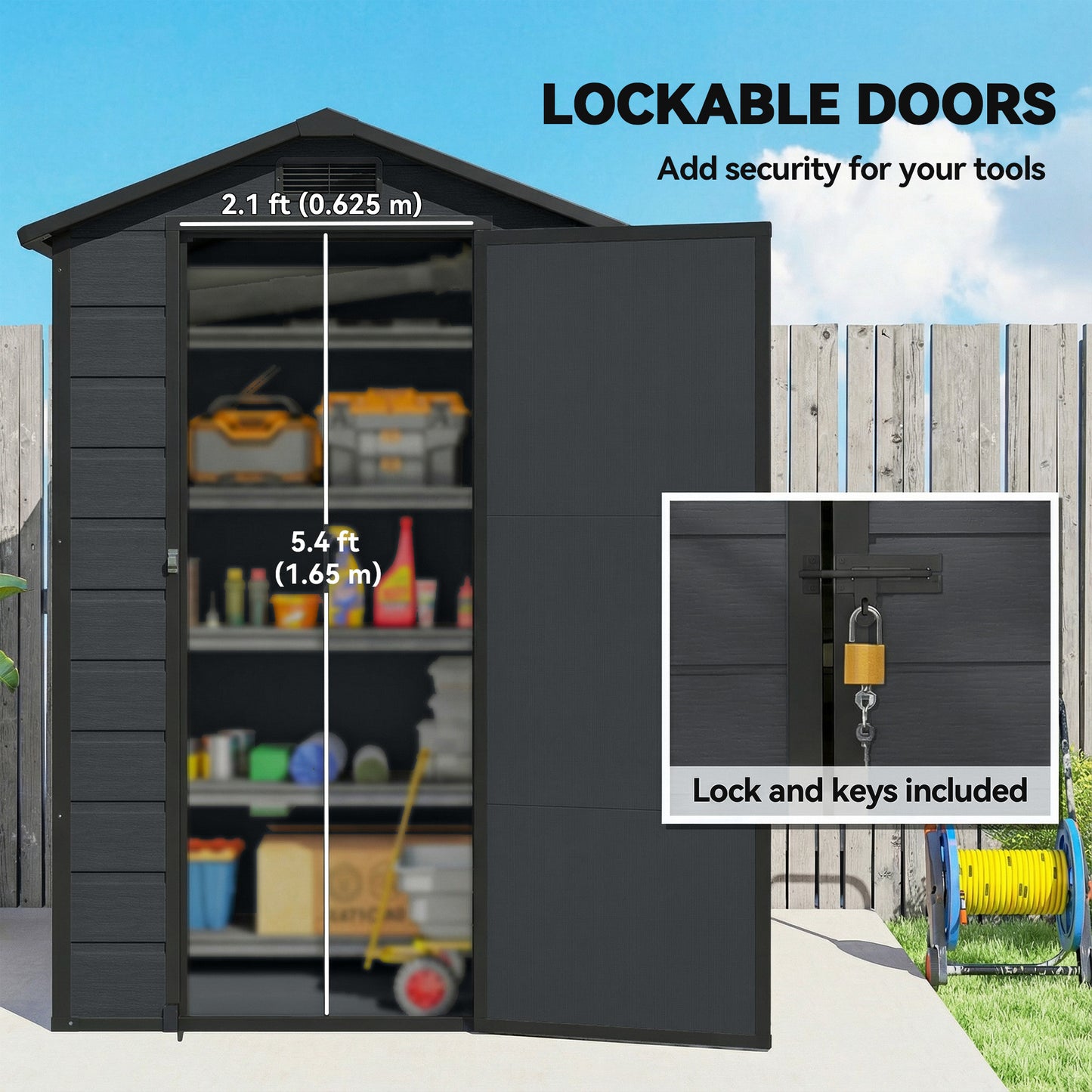 4 x 3 ft Plastic Garden Shed with Floor, Outdoor Storage Shed with Lockable Door, Window and Vent, Dark Grey