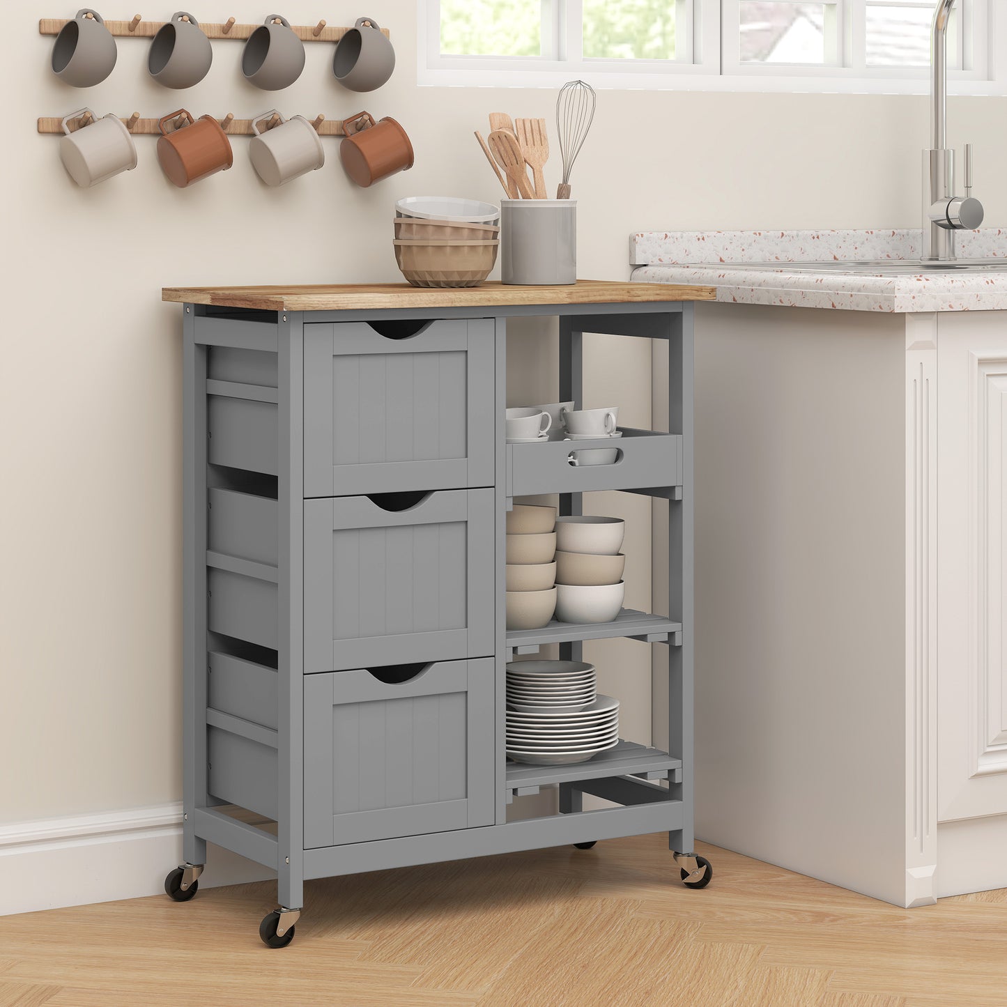 Rolling Kitchen Island Cart, Bar Serving Cart, Compact Trolley on Wheels with Wood Top, Shelves & Drawers, Grey